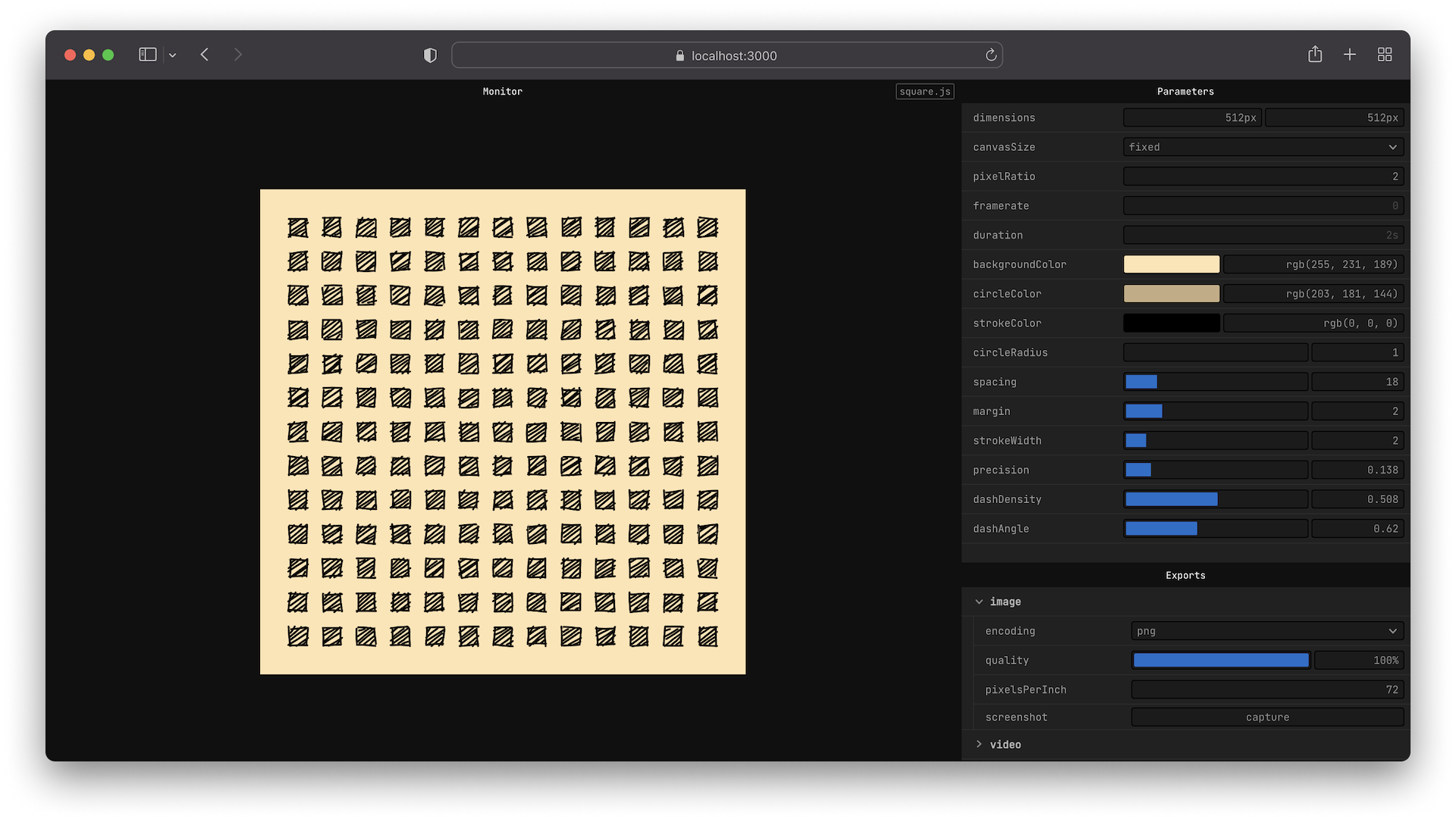 UI is splitted in two columns, the left one has a centered canvas displaying squares arranged in a grid, the right column contains various controls for colors, variables and exports